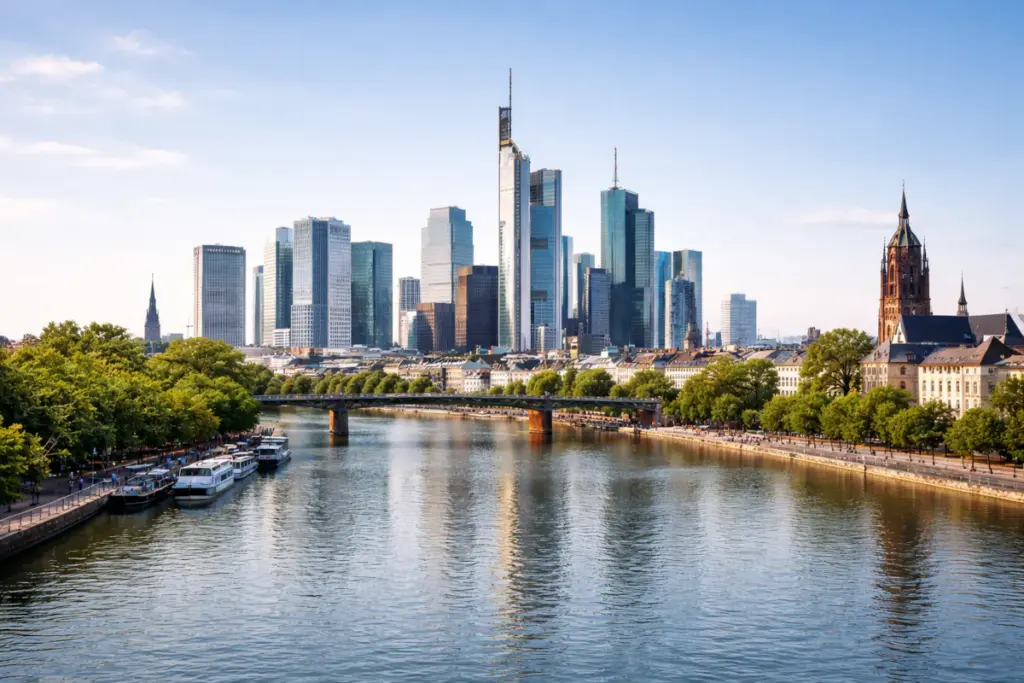 Skyline von Frankfurt am Main am Mainufer bei Tageslicht Einsatzgebiet von Wichtelpower für Haushaltsauflösung und Entrümpelung